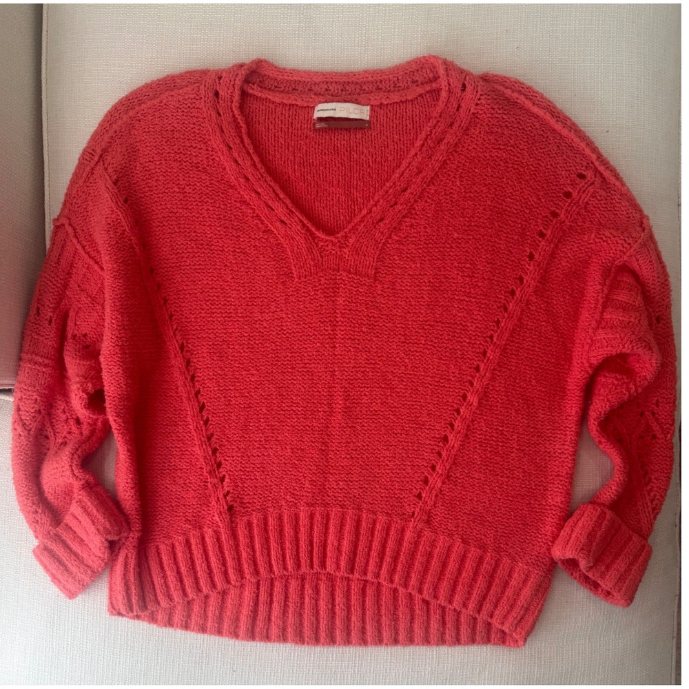 Anthropologie Pilcro Sweater Womens M V-Neck Pointelle Knit Coral Pink Excellent